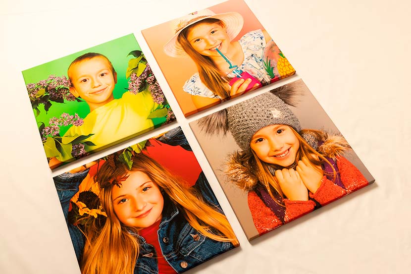 4 fotoplátna s portréty dětí s náladou jara, léta, pozdimu a zimy